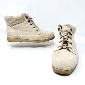 Laura Scott Ankle Boots Women 7.5M Beige Suede Knit Collar Lace Up Winter Bootie